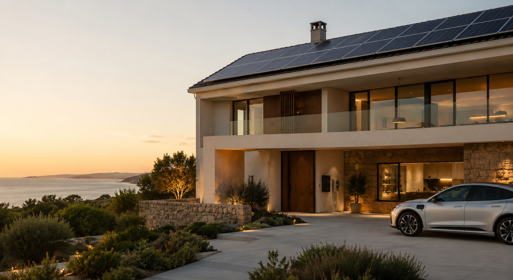 Vivienda solar inteligente con paneles solares y coche eléctrico